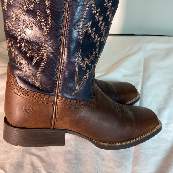 Ariat Western Cowboy Boots Brown & Navy Blue Square Toe Leather – US 6 - Picture 3 of 9